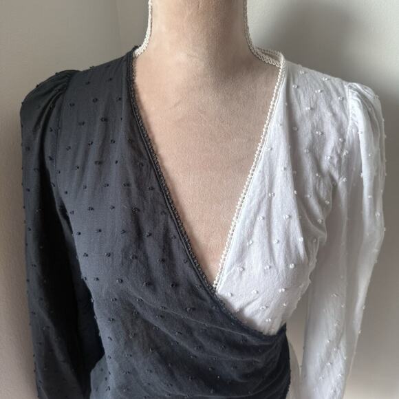 FARM RIO Anthropologie Wrap Top Swiss Dot Puff Sleeve Colorblock Cotton Size S - Picture 3 of 8